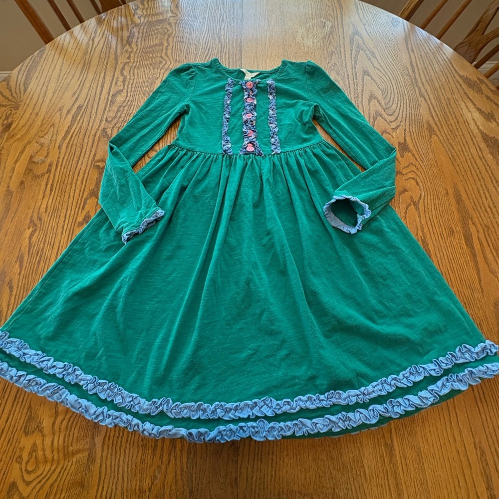 Matilda Jane Long Sleeve Knit Dress Green Girl’s Size 8 Blue Ruffle Hem